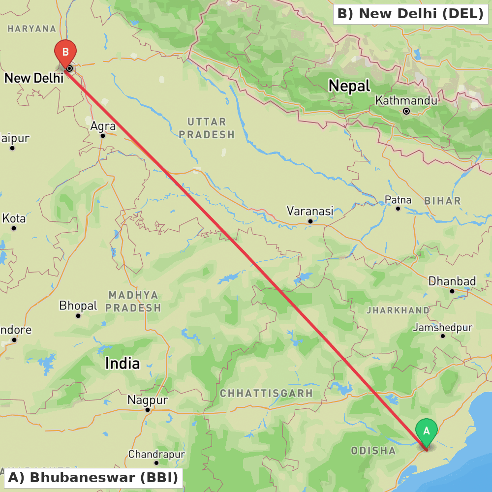 Flight route map from Bhubaneswar to New Delhi