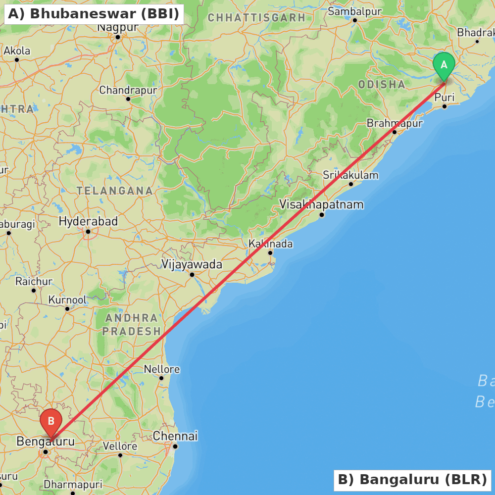 Flight route map from Bhubaneswar to Bangaluru