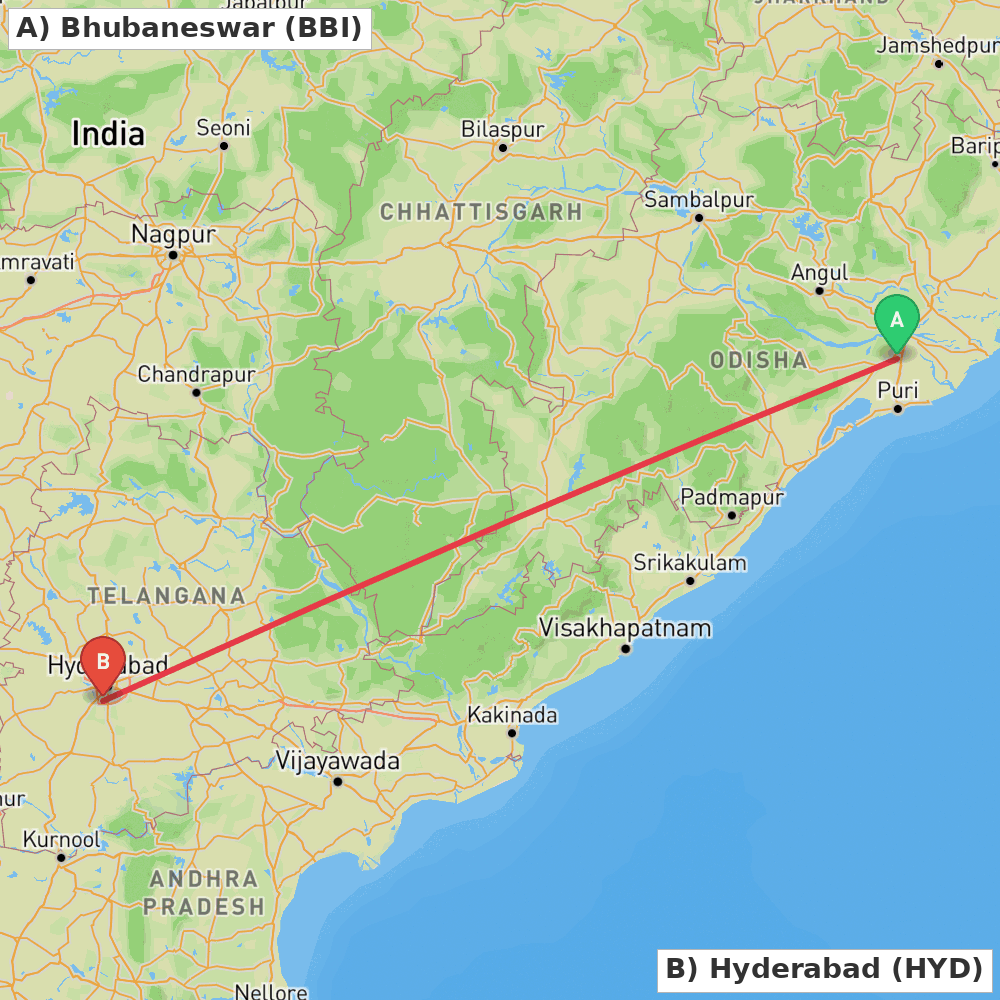 Flight route map from Bhubaneswar to Hyderabad