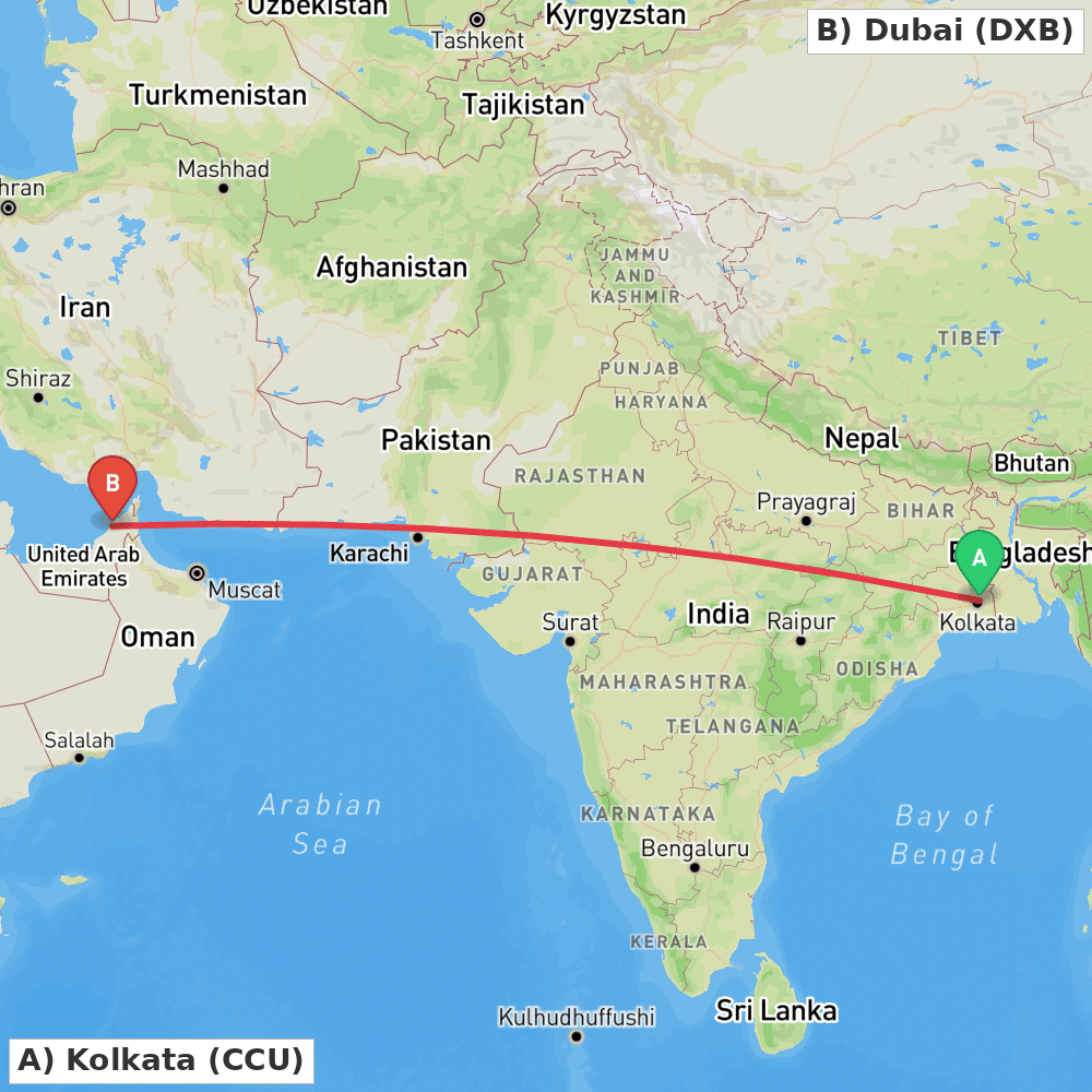 Flight route map from Kolkata to Dubai