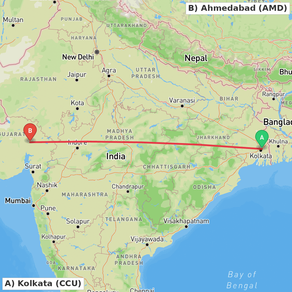 Flight route map from Kolkata to Ahmedabad