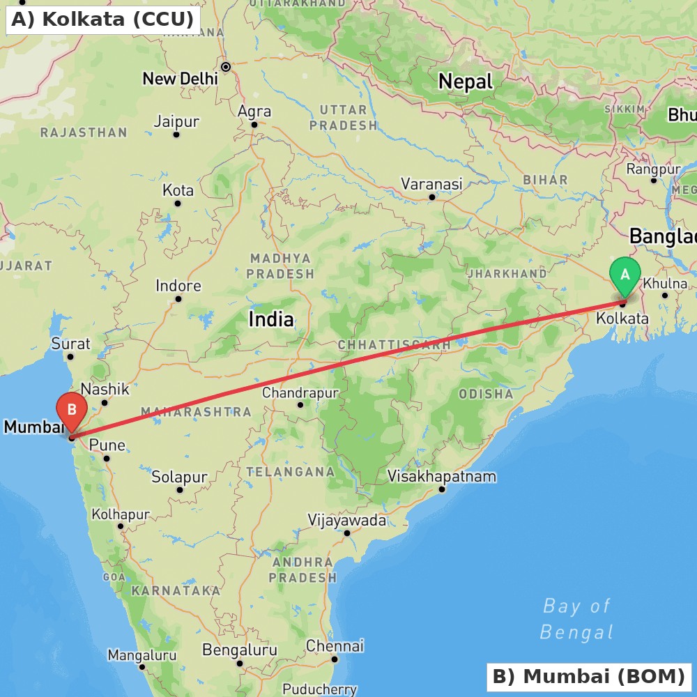 Flight route map from Kolkata to Mumbai