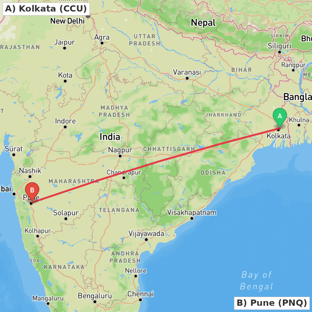 Flight route map from Kolkata to Pune