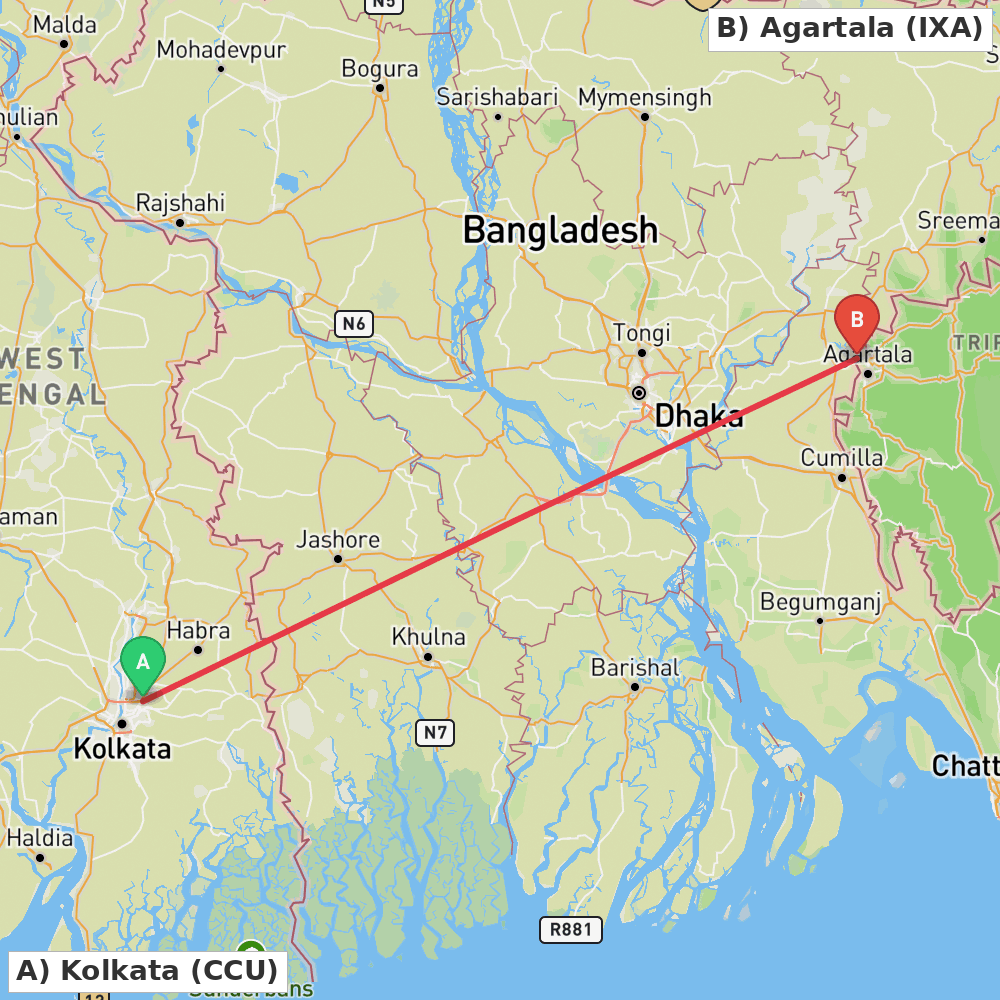Flight route map from Kolkata to Agartala