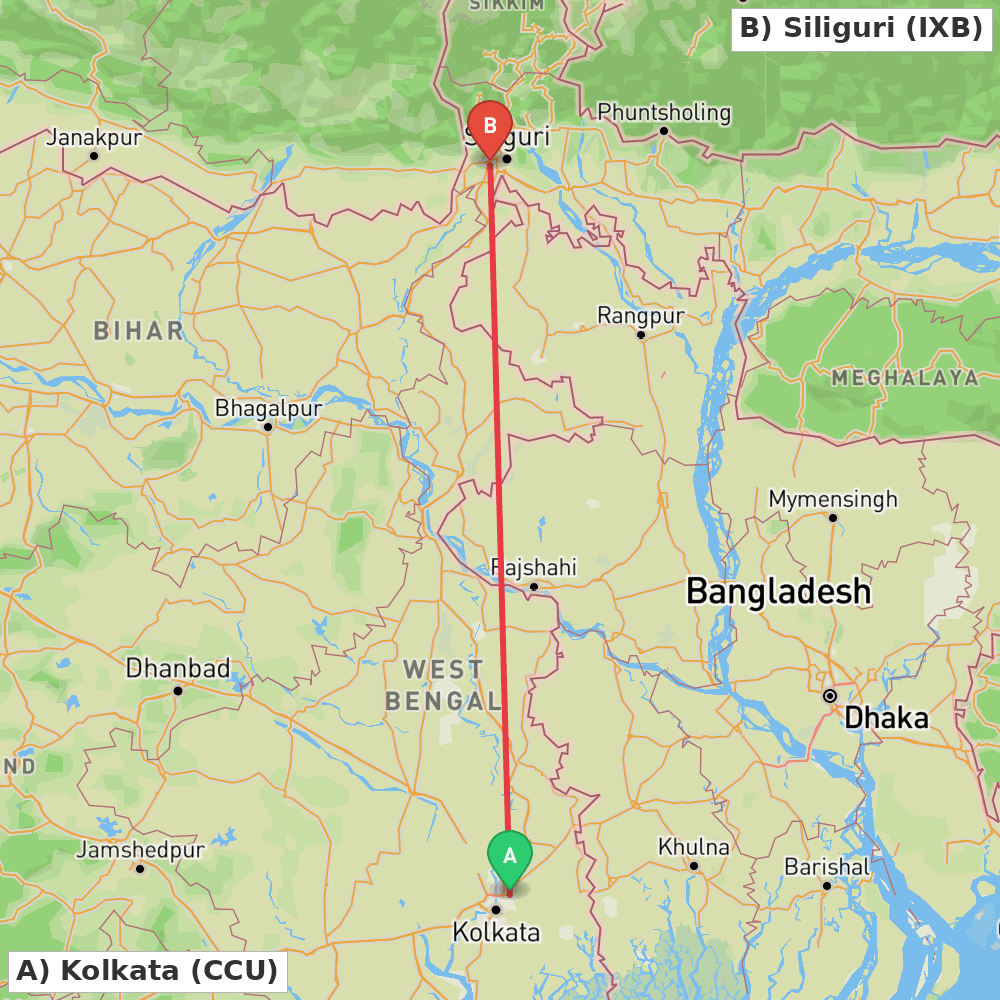 Flight route map from Kolkata to Siliguri