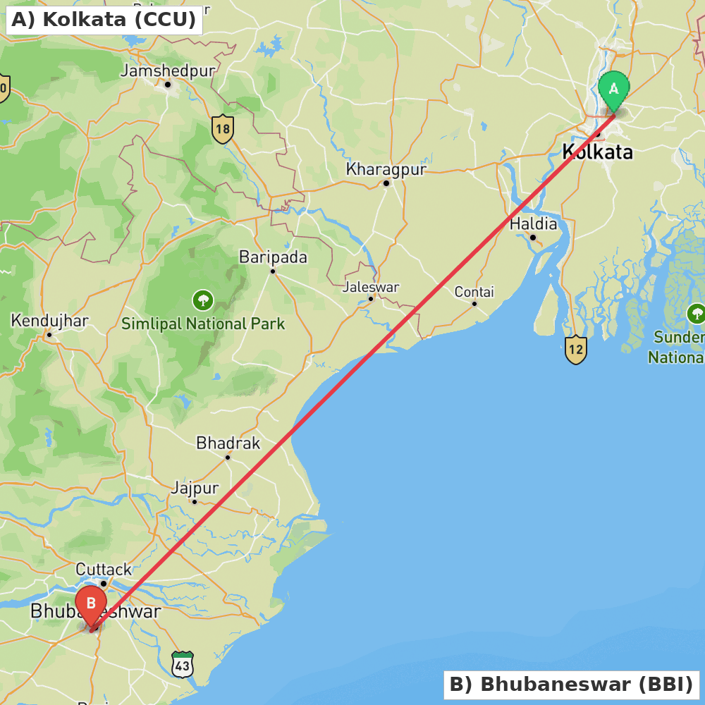 Flight route map from Kolkata to Bhubaneswar