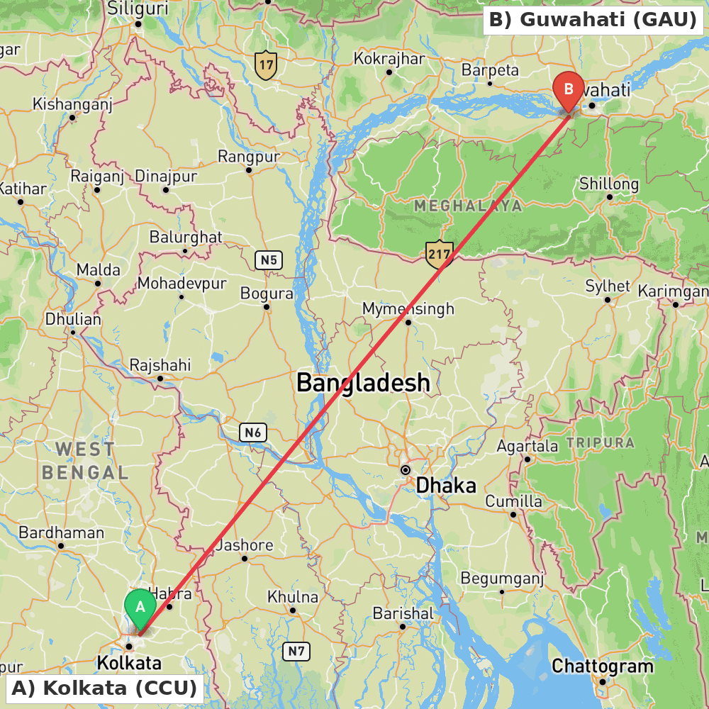 Flight route map from Kolkata to Guwahati