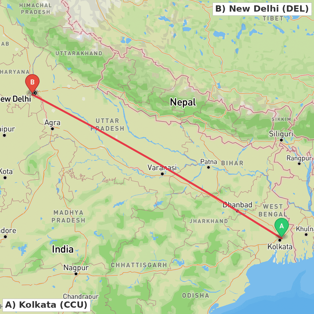 Flight route map from Kolkata to New Delhi