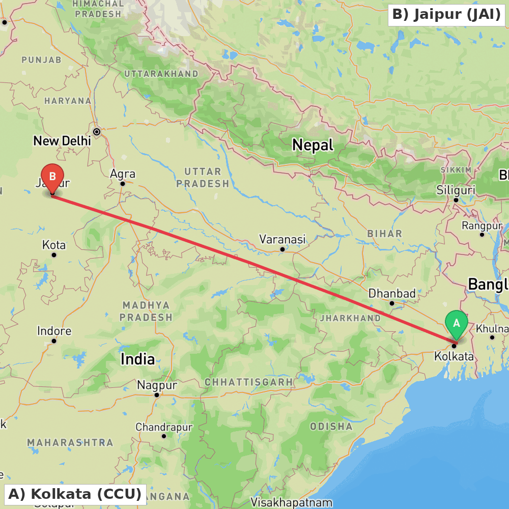 Flight route map from Kolkata to Jaipur