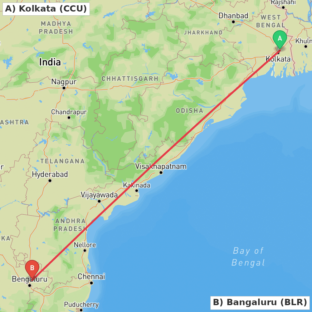Flight route map from Kolkata to Bangaluru