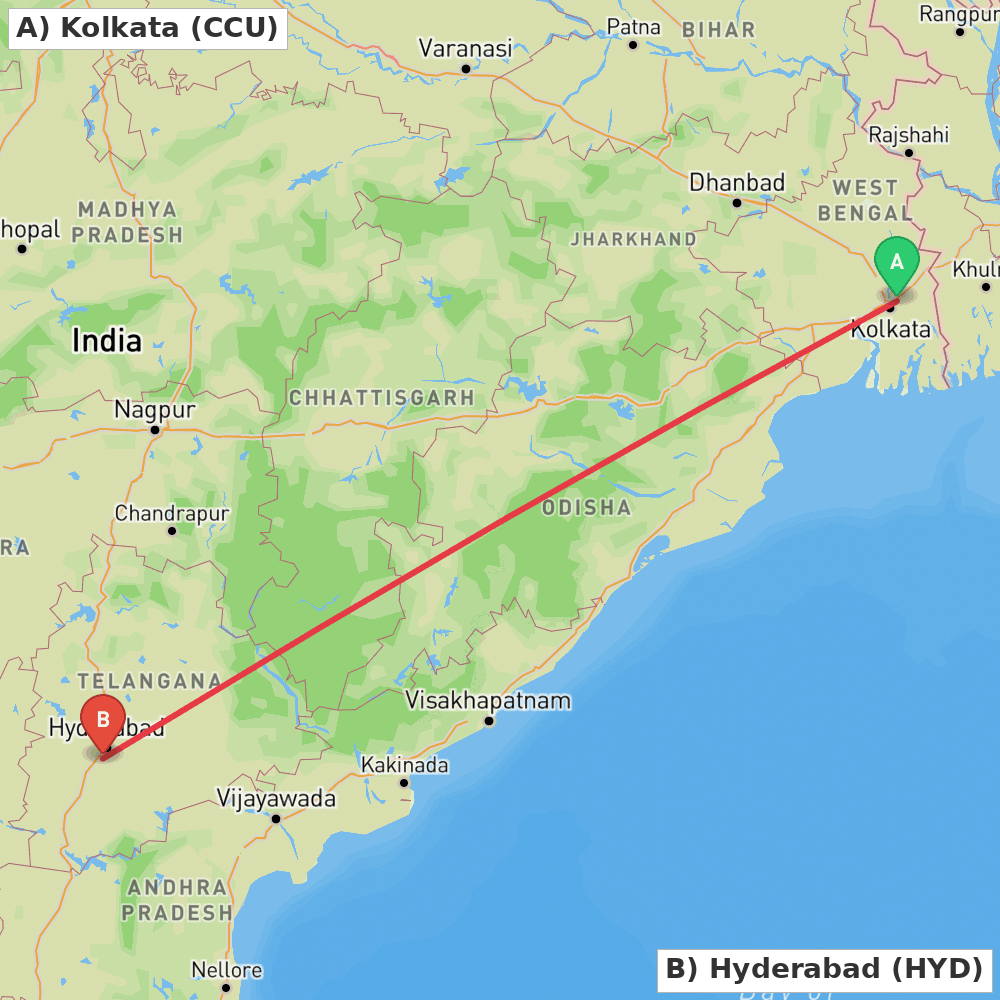 Flight route map from Kolkata to Hyderabad