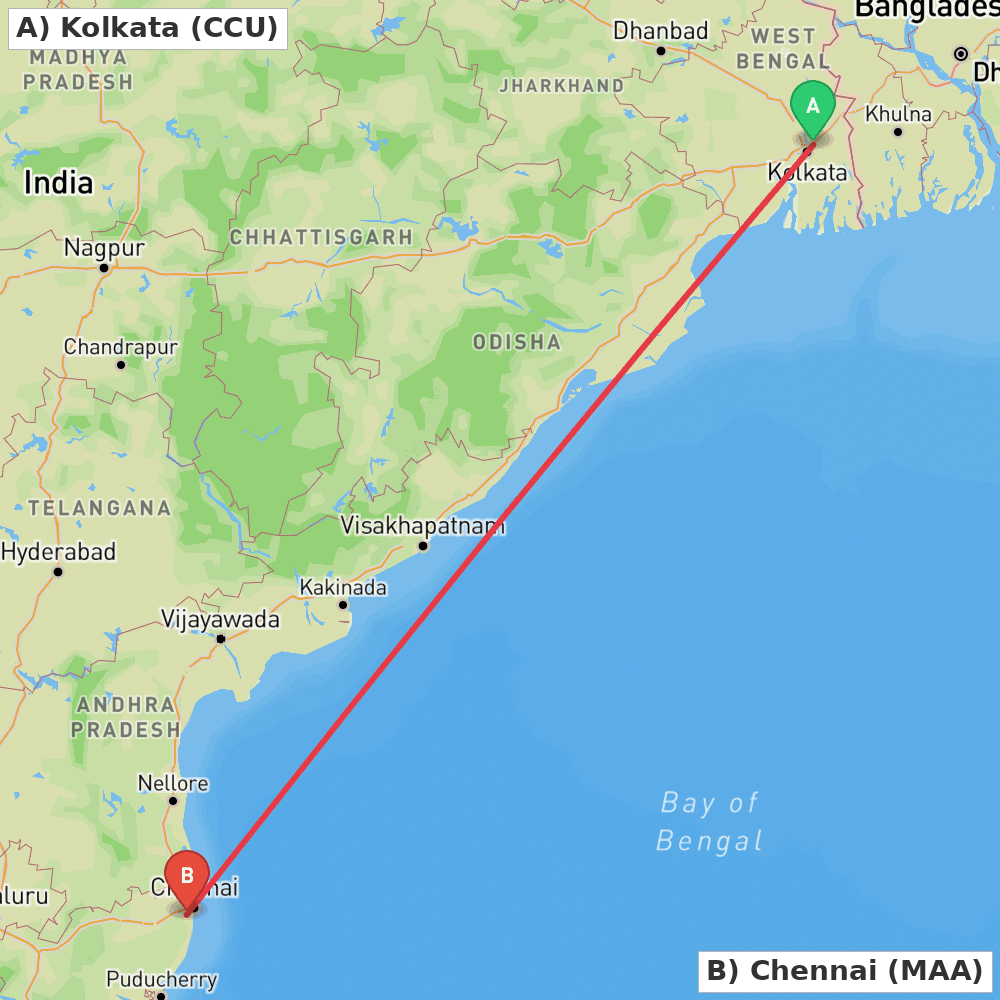Flight route map from Kolkata to Chennai