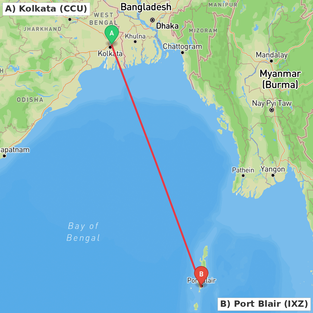 Flight route map from Kolkata to Port Blair