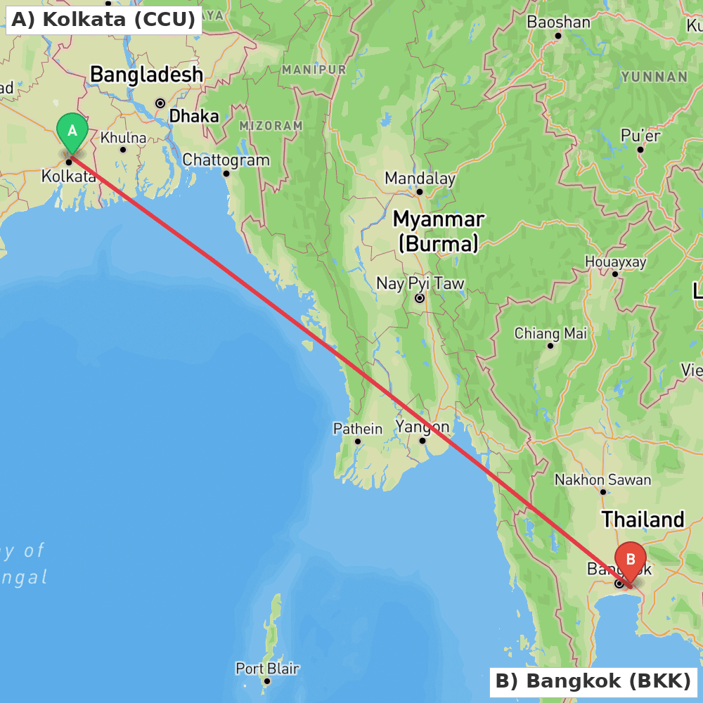 Flight route map from Kolkata to Bangkok