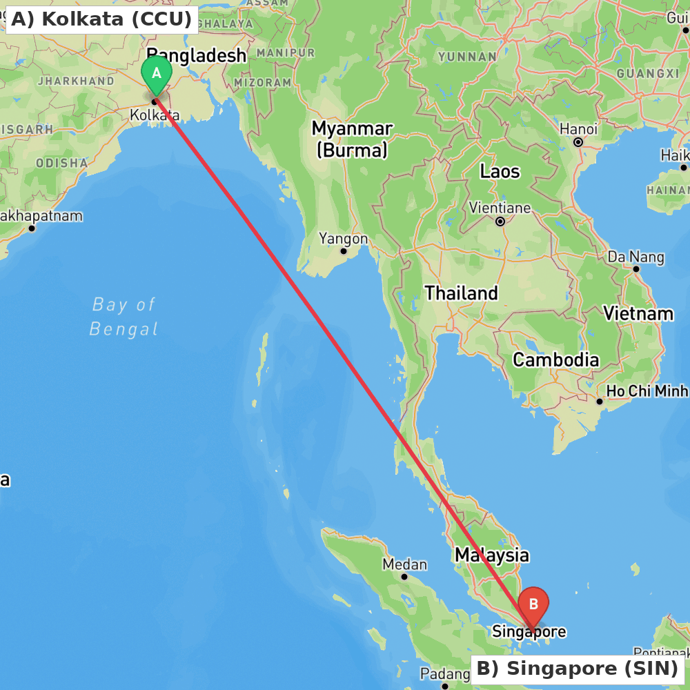 Flight route map from Kolkata to Singapore