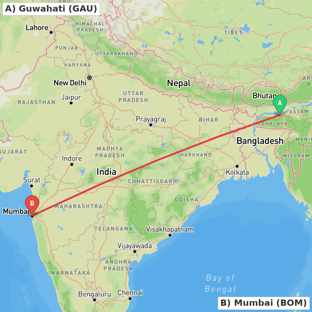 Flight route map from Guwahati to Mumbai