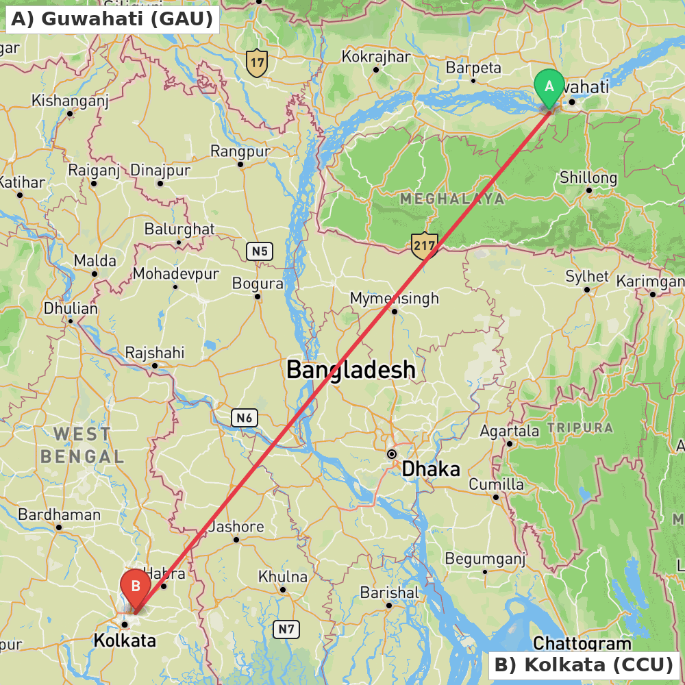 Flight route map from Guwahati to Kolkata
