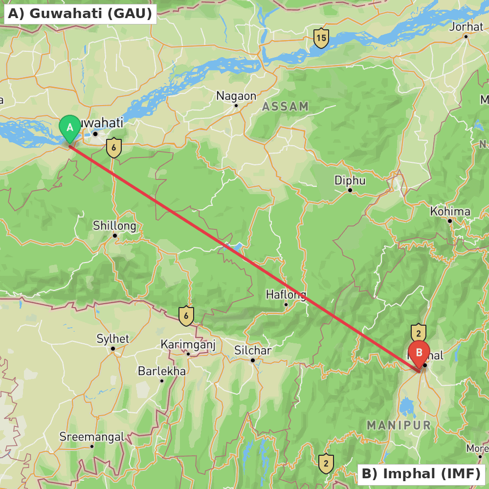 Flight route map from Guwahati to Imphal