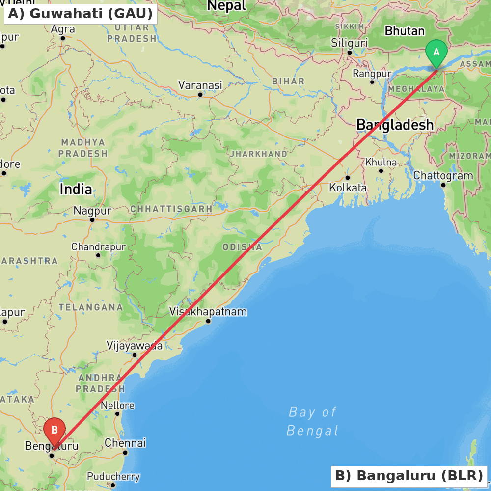 Flight route map from Guwahati to Bangaluru