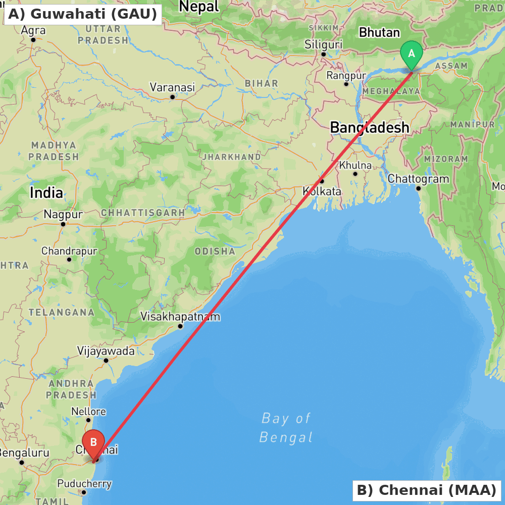Flight route map from Guwahati to Chennai