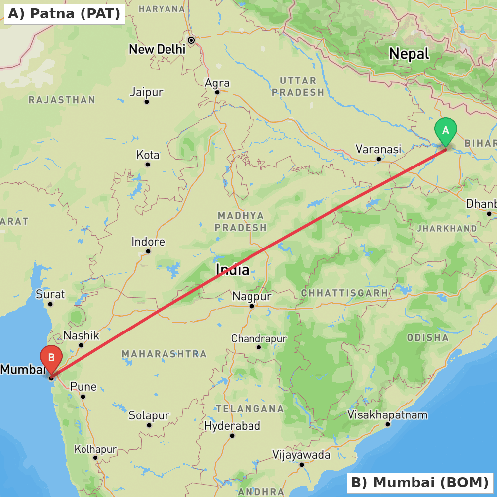 Flight route map from Patna to Mumbai