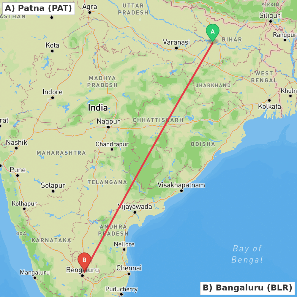 Flight route map from Patna to Bangaluru