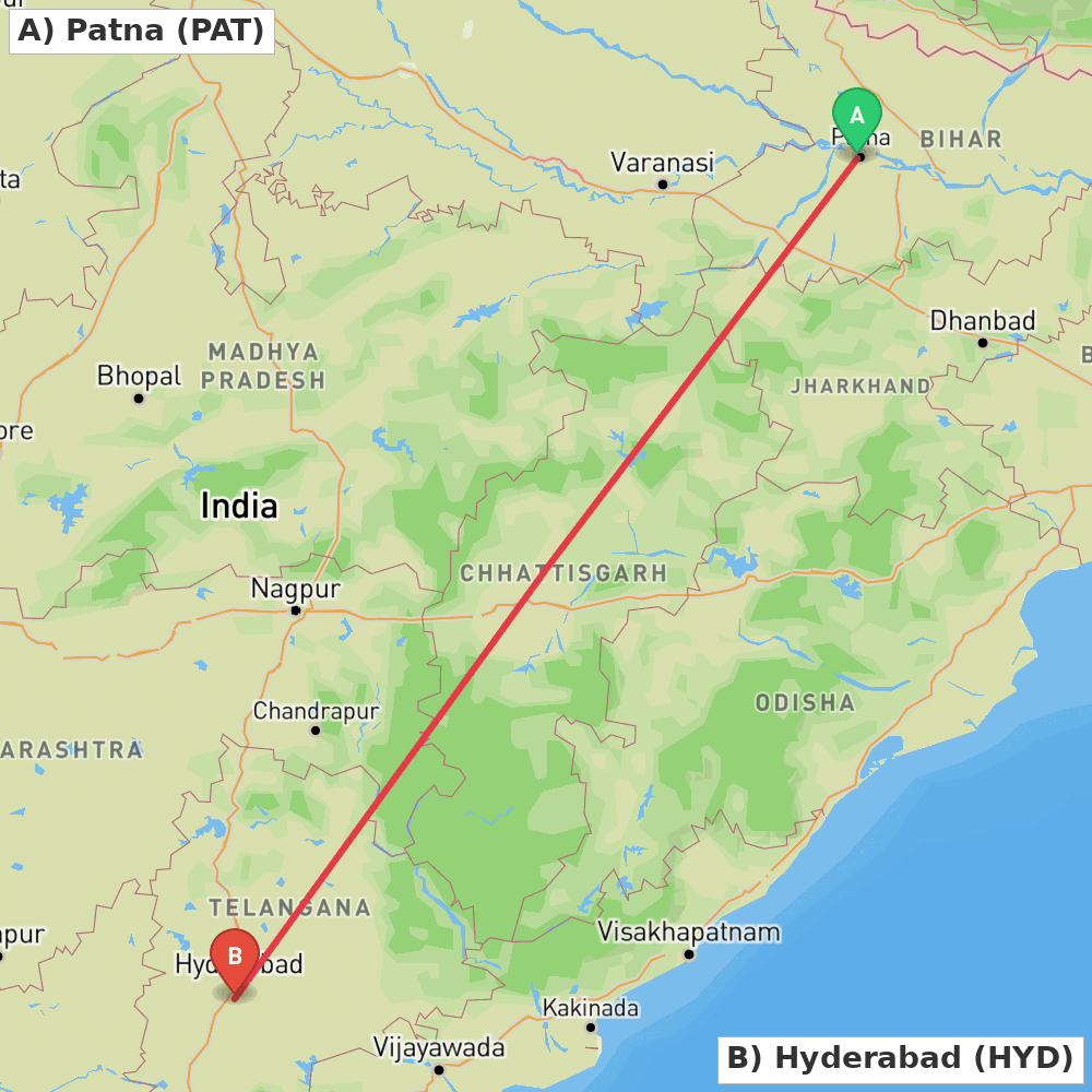 Flight route map from Patna to Hyderabad