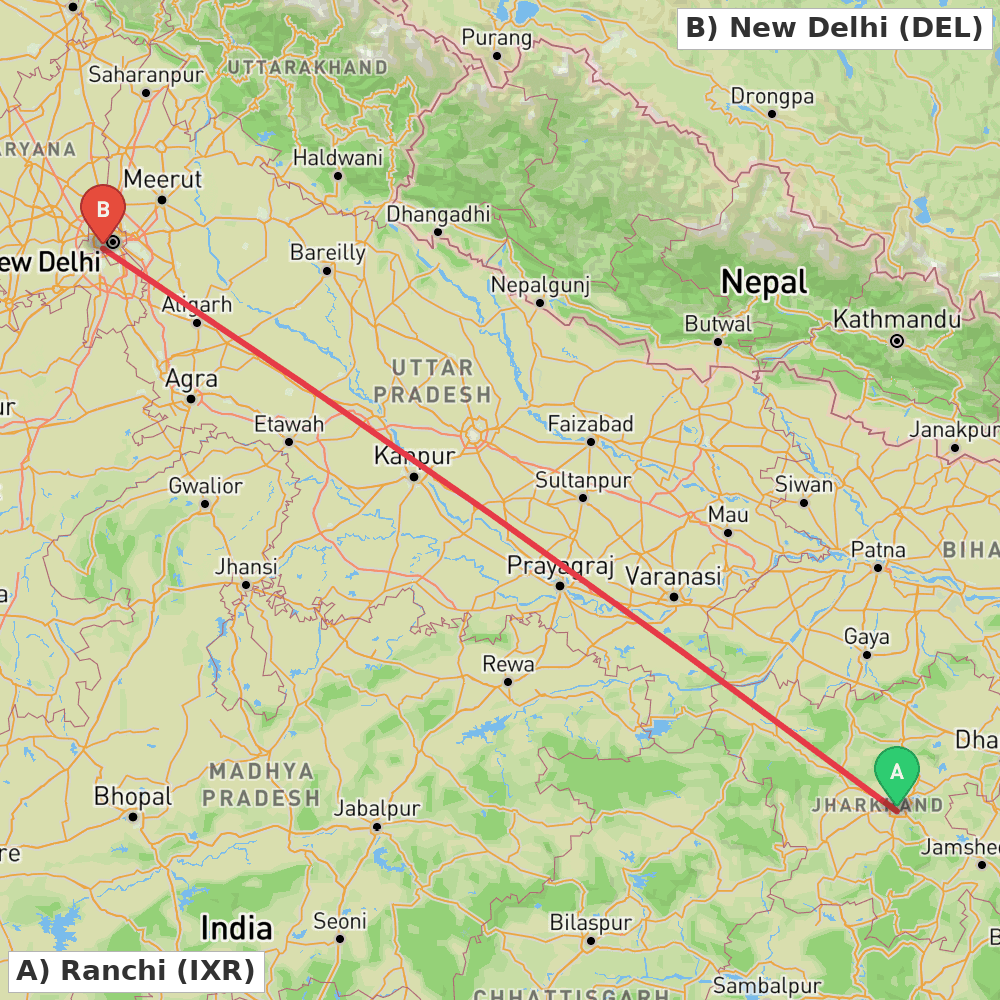 Flight route map from Ranchi to New Delhi