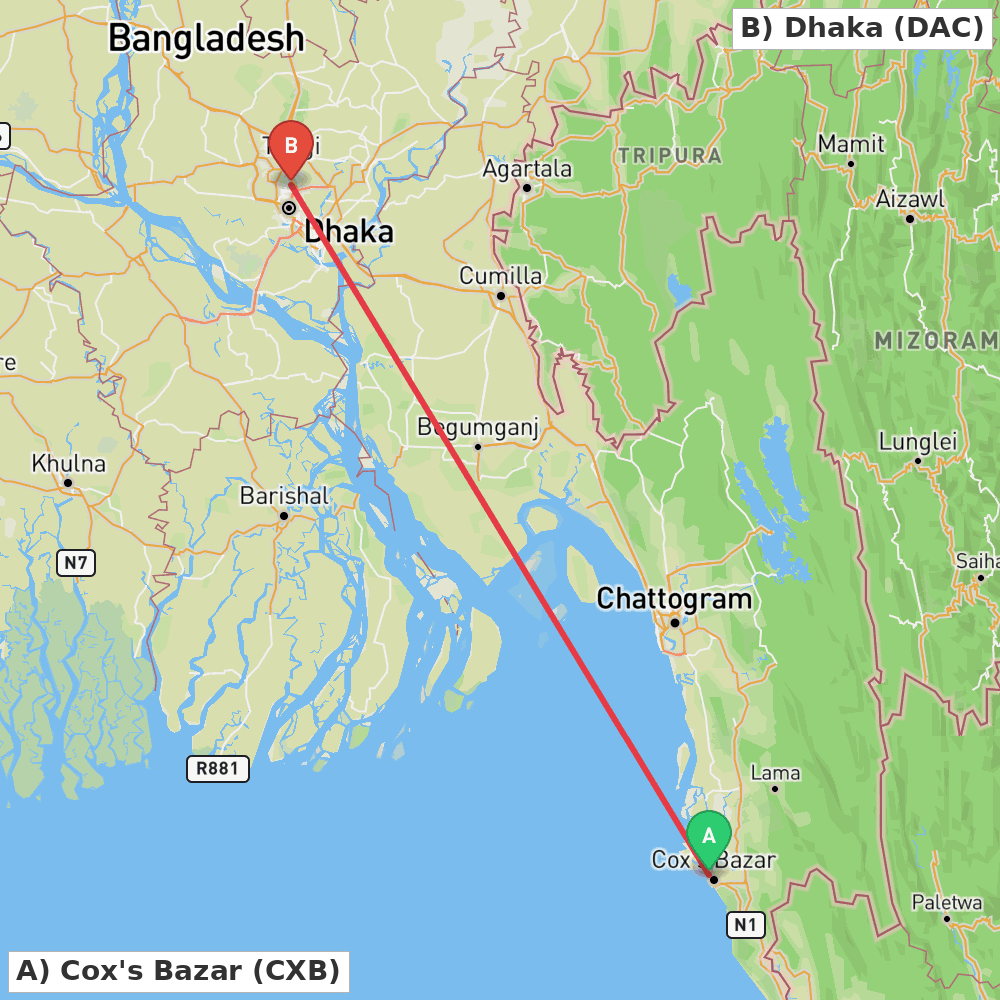 Flight route map from Cox's Bazar to Dhaka