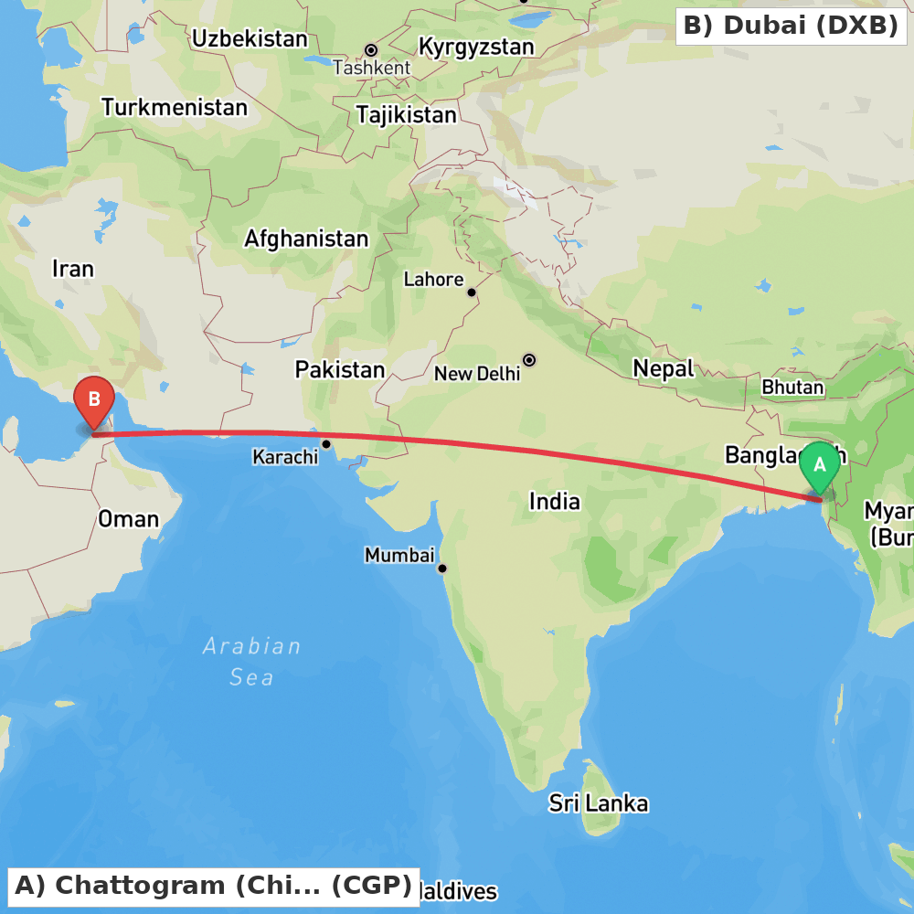 Flight route map from Chattogram (Chittagong) to Dubai