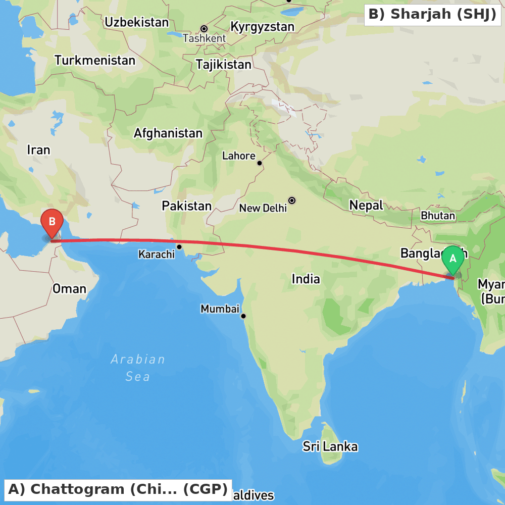 Flight route map from Chattogram (Chittagong) to Sharjah