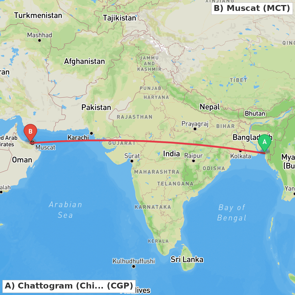 Flight route map from Chattogram (Chittagong) to Muscat