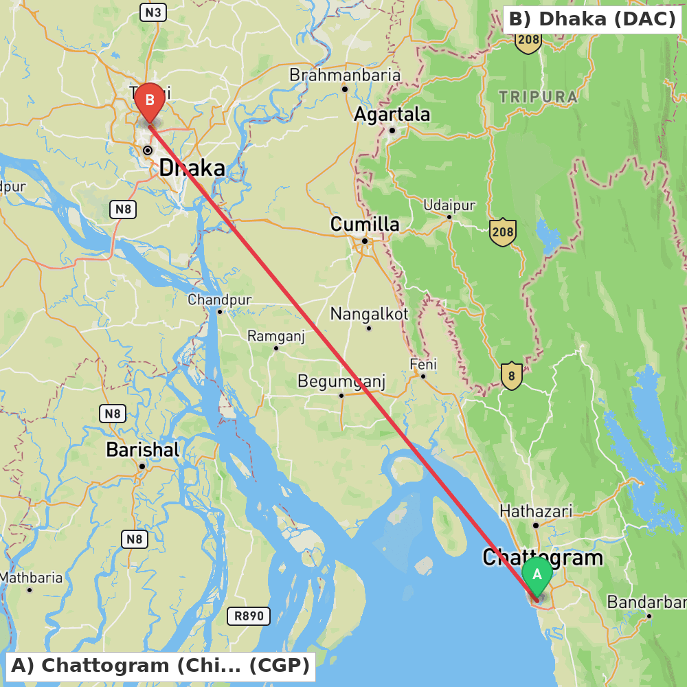 Flight route map from Chattogram (Chittagong) to Dhaka