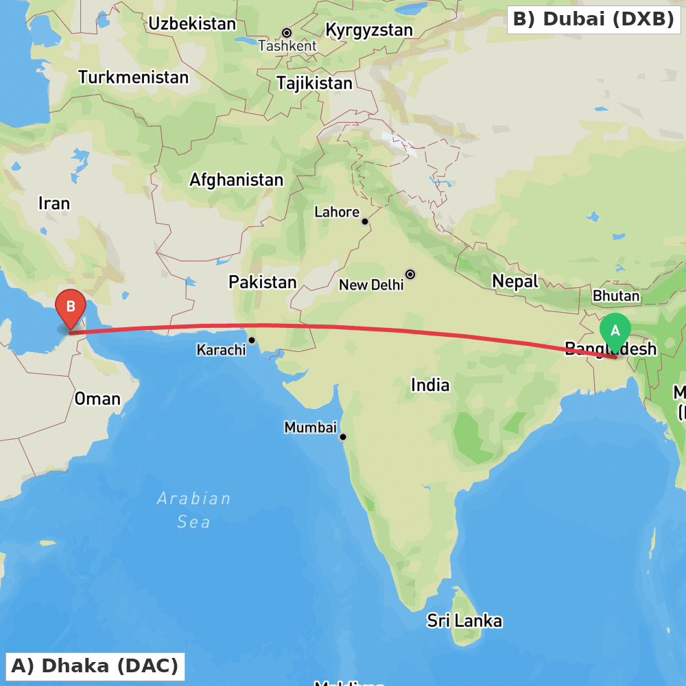 Flight route map from Dhaka to Dubai