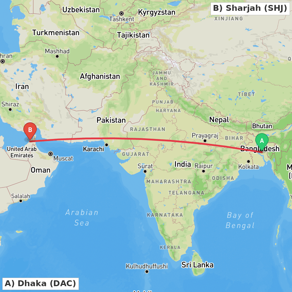 Flight route map from Dhaka to Sharjah