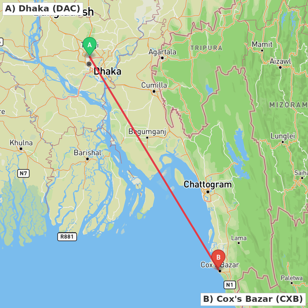 Flight route map from Dhaka to Cox's Bazar
