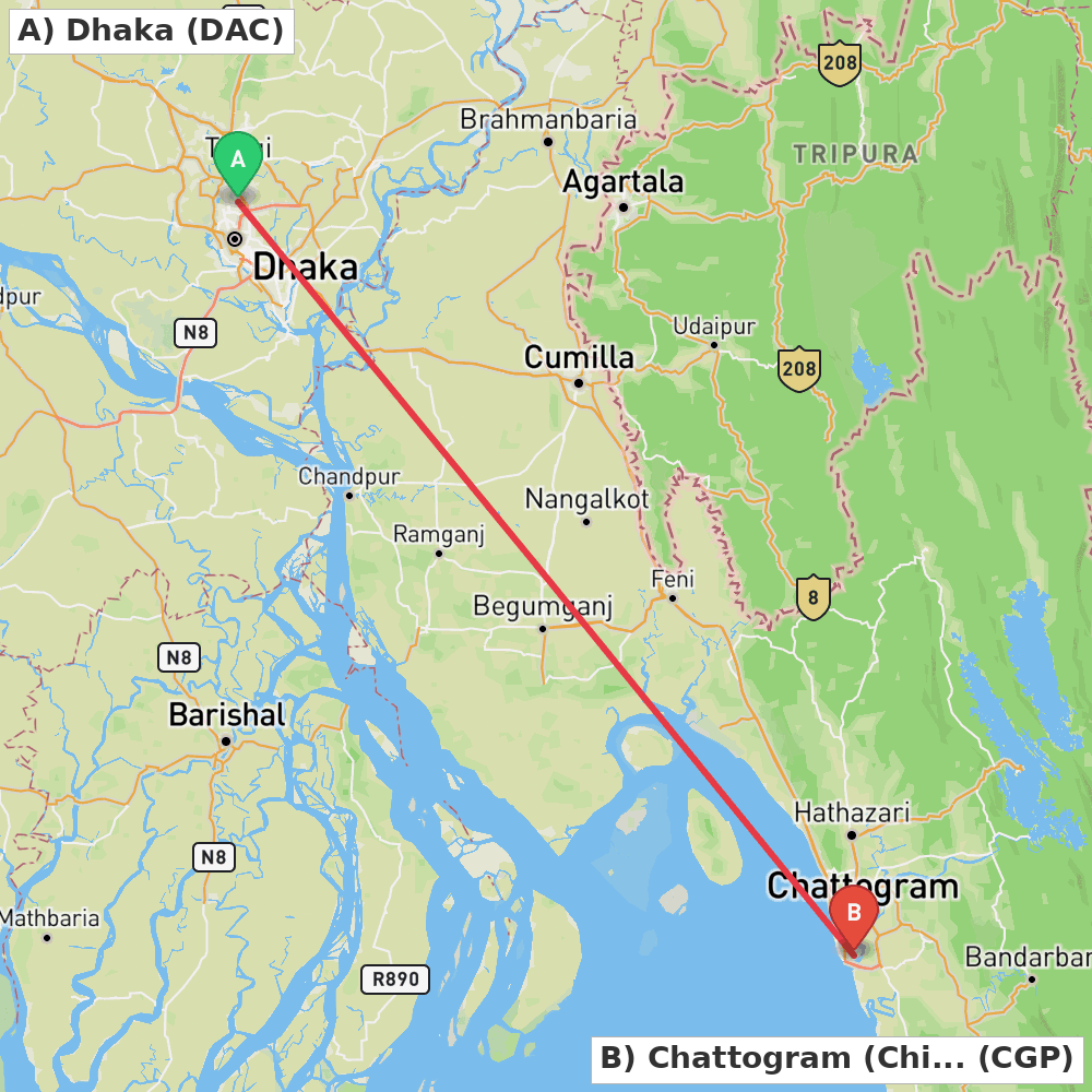 Flight route map from Dhaka to Chattogram (Chittagong)