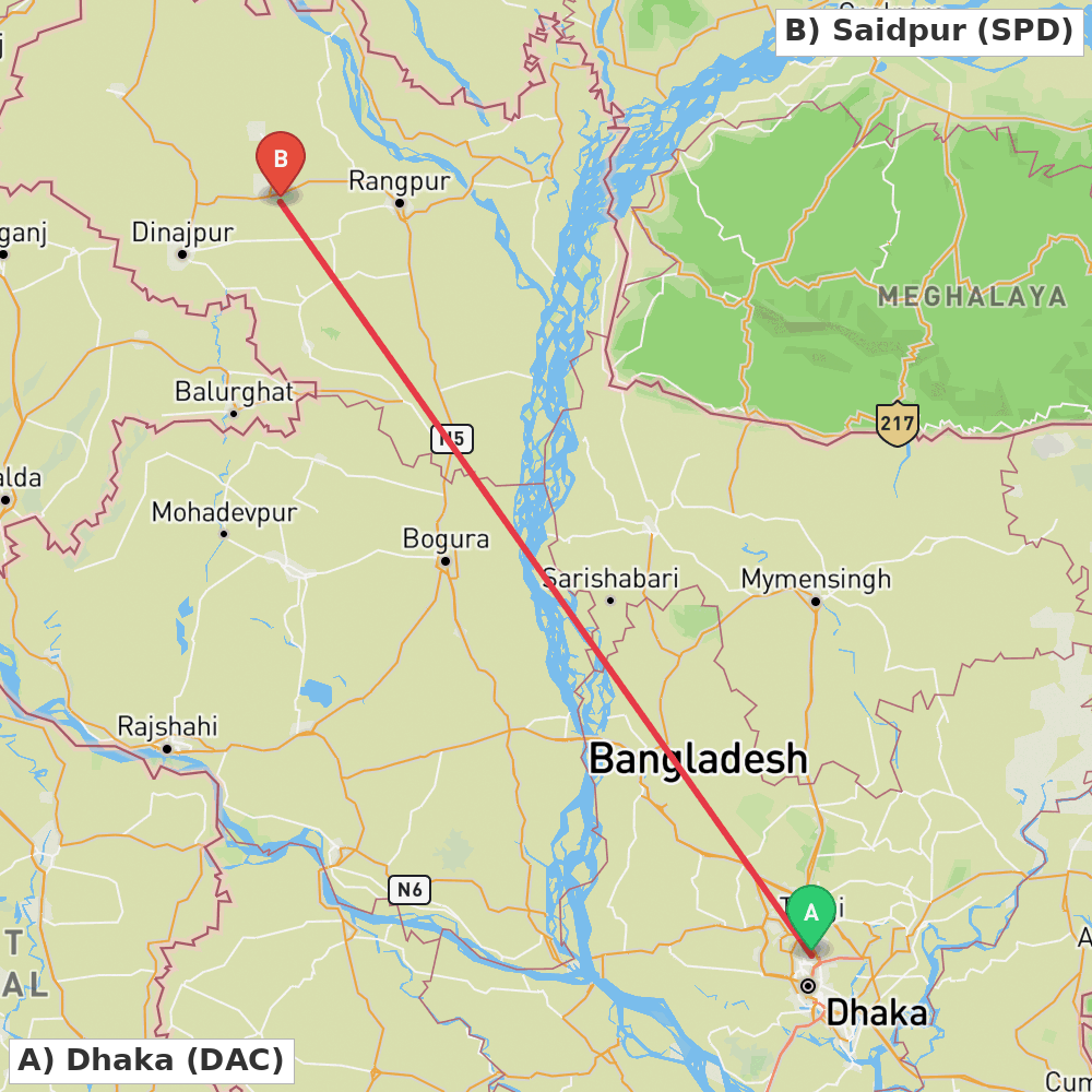 Flight route map from Dhaka to Saidpur