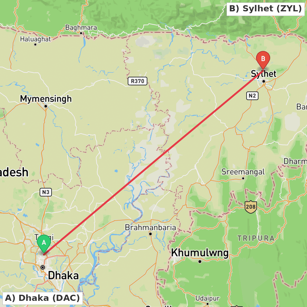 Flight route map from Dhaka to Sylhet