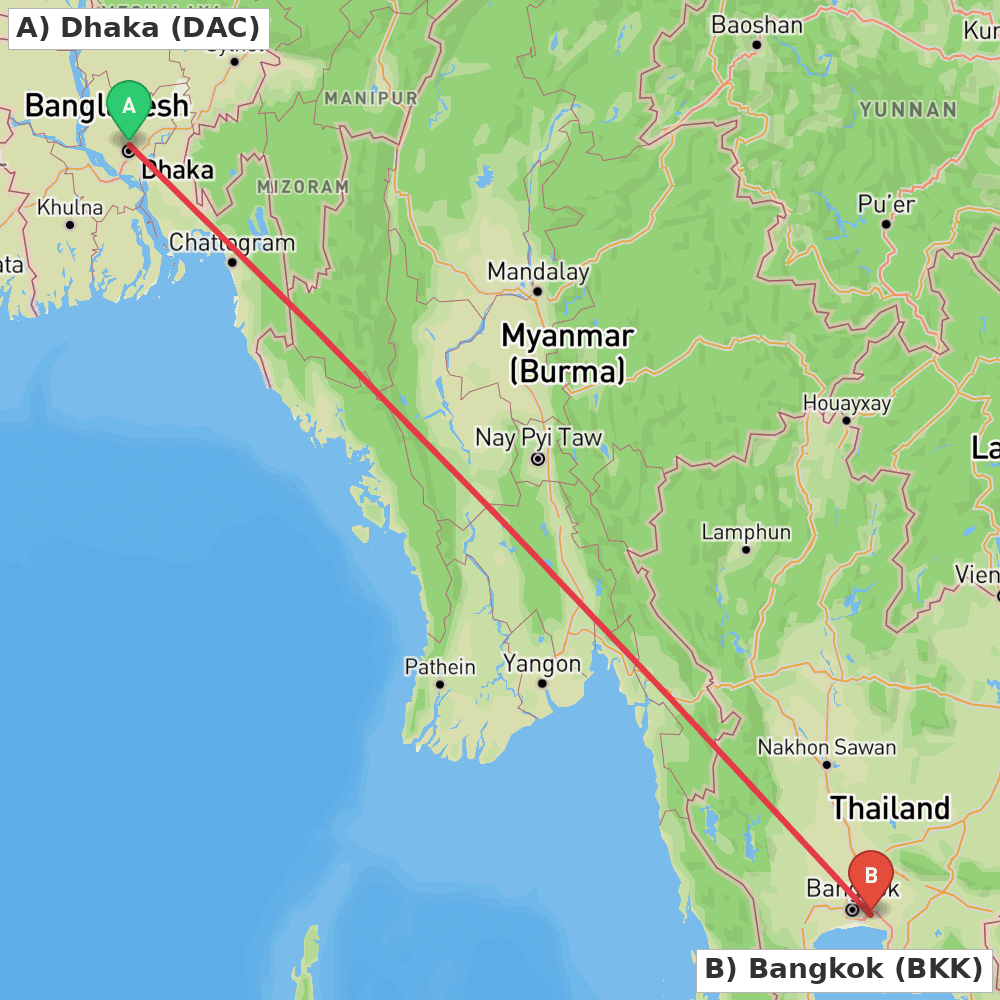 Flight route map from Dhaka to Bangkok