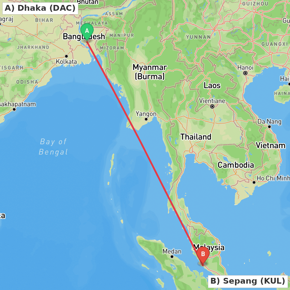 Flight route map from Dhaka to Sepang