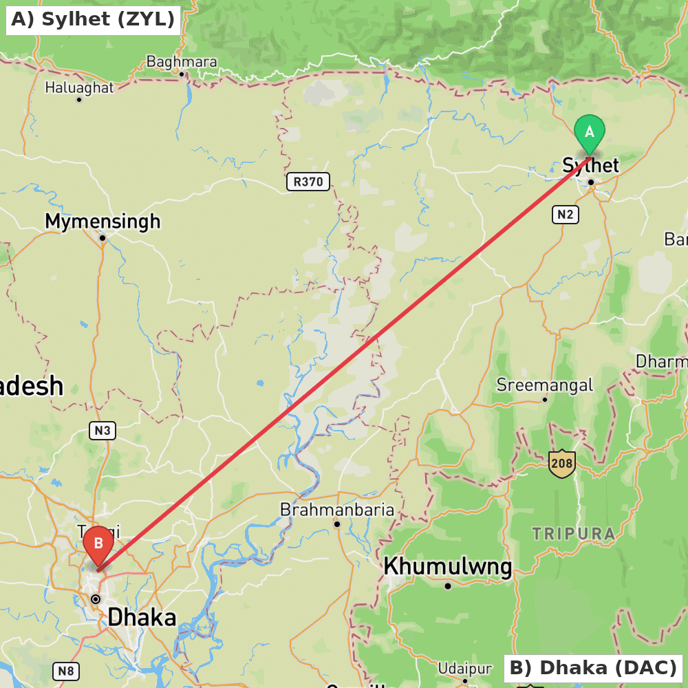 Flight route map from Sylhet to Dhaka