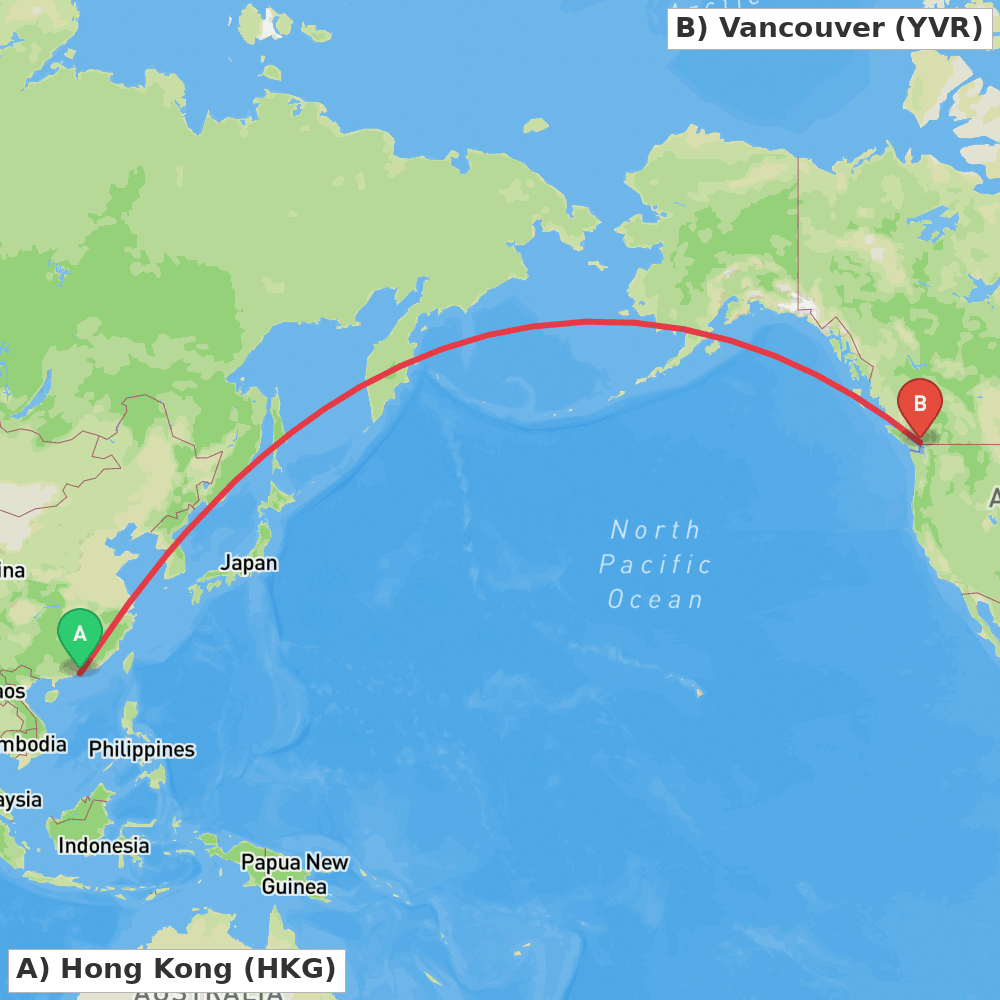 Flight route map from Hong Kong to Vancouver