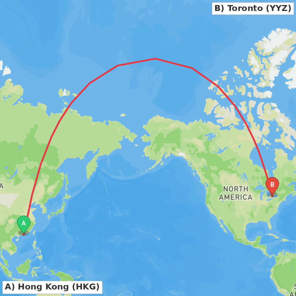 Flight route map from Hong Kong to Toronto