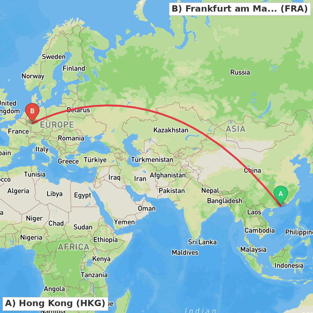 Flight route map from Hong Kong to Frankfurt am Main
