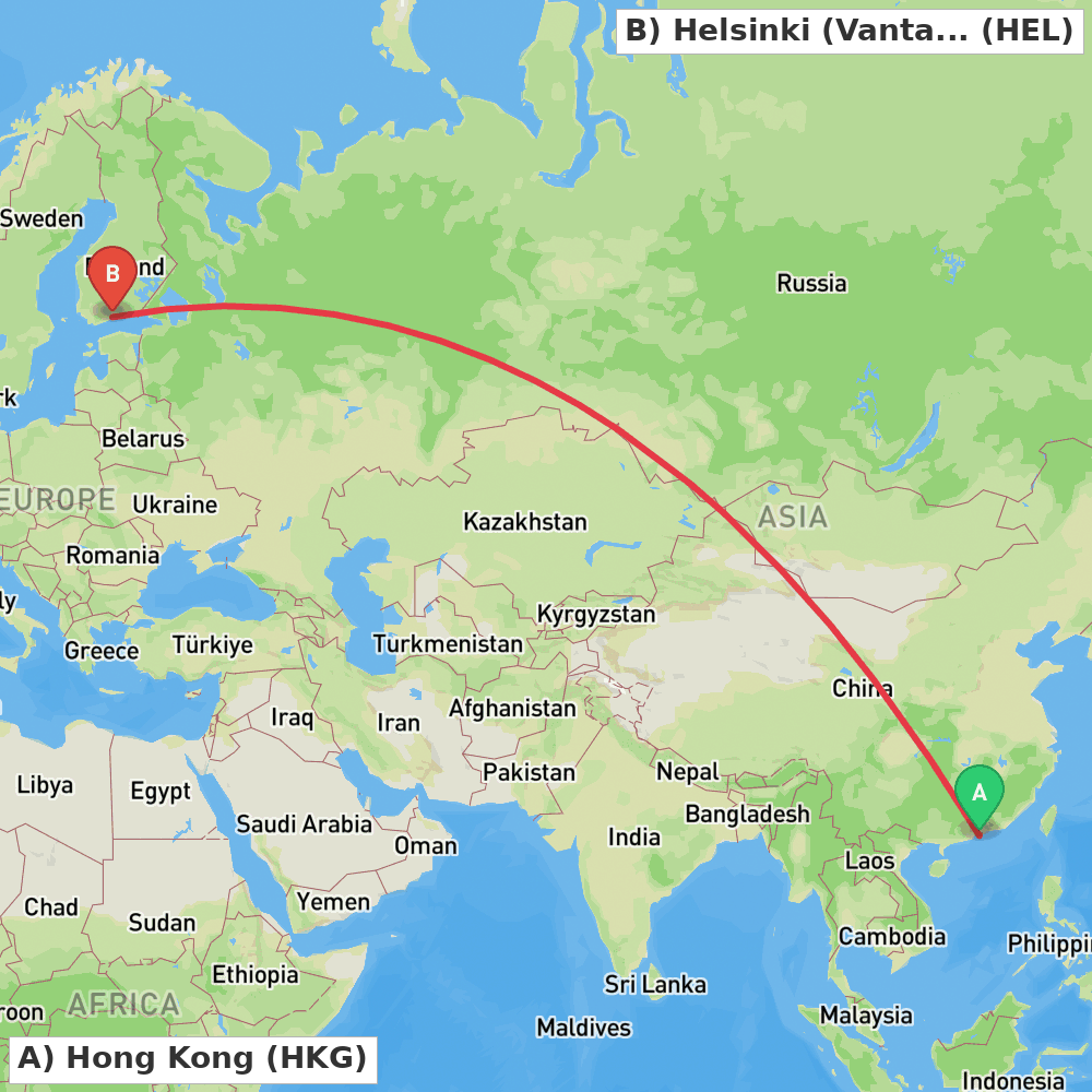 Flight route map from Hong Kong to Helsinki (Vantaa)