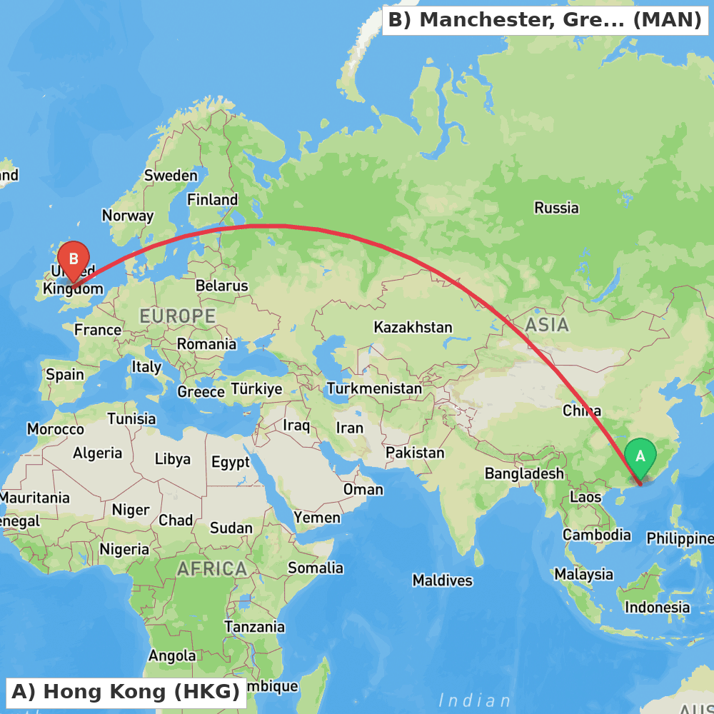 Flight route map from Hong Kong to Manchester, Greater Manchester
