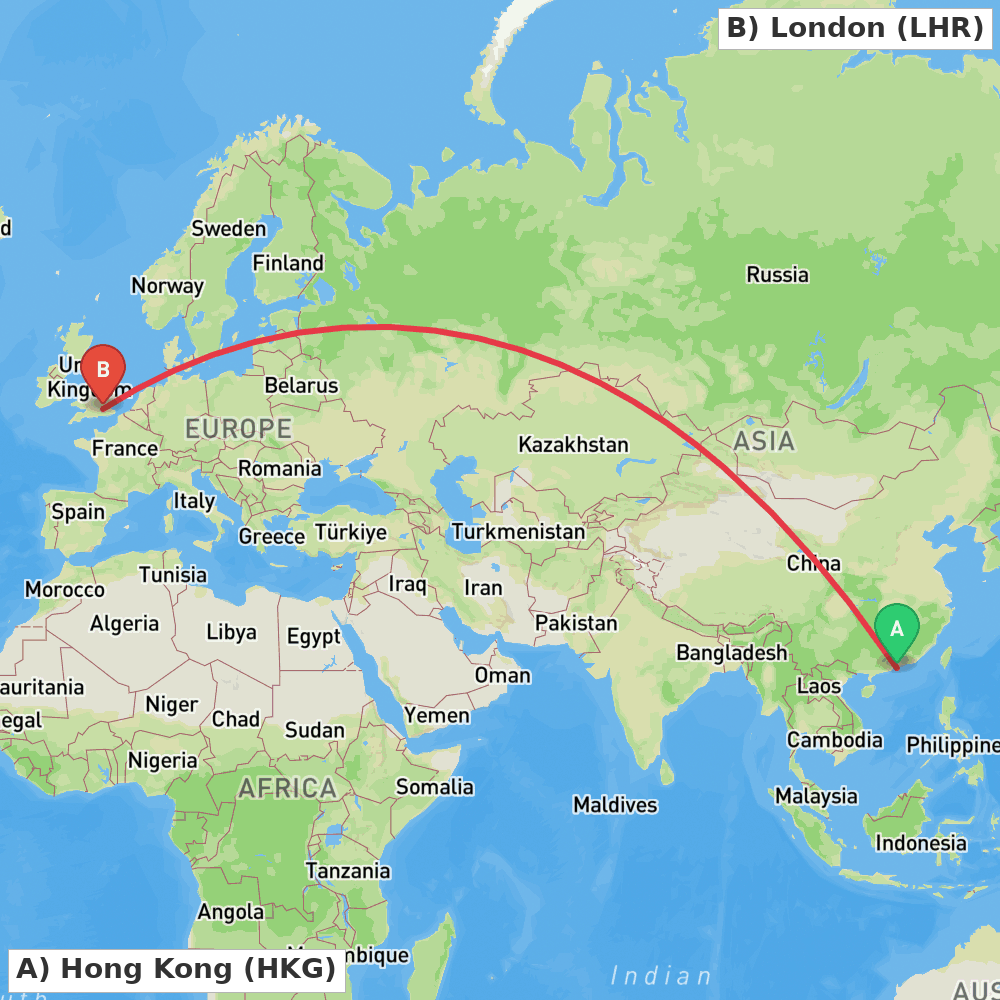 Flight route map from Hong Kong to London