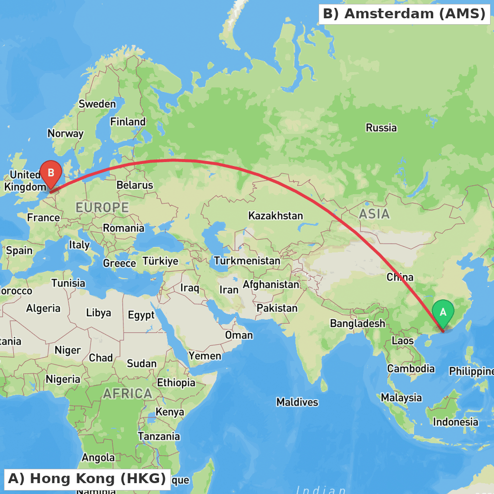 Flight route map from Hong Kong to Amsterdam