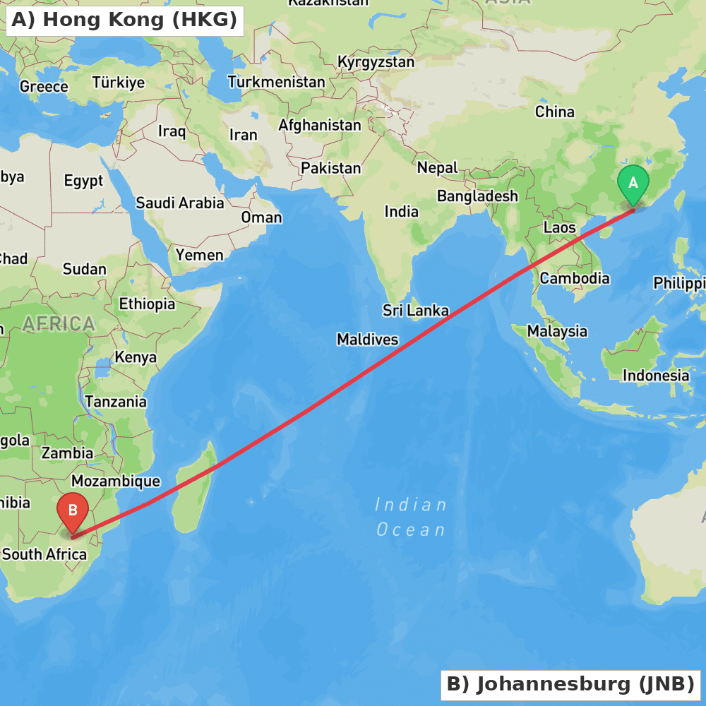Flight route map from Hong Kong to Johannesburg